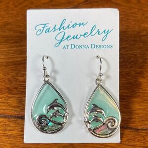 Donna Designs Dolphin Wave Teardrop Dangle Earrings Aqua